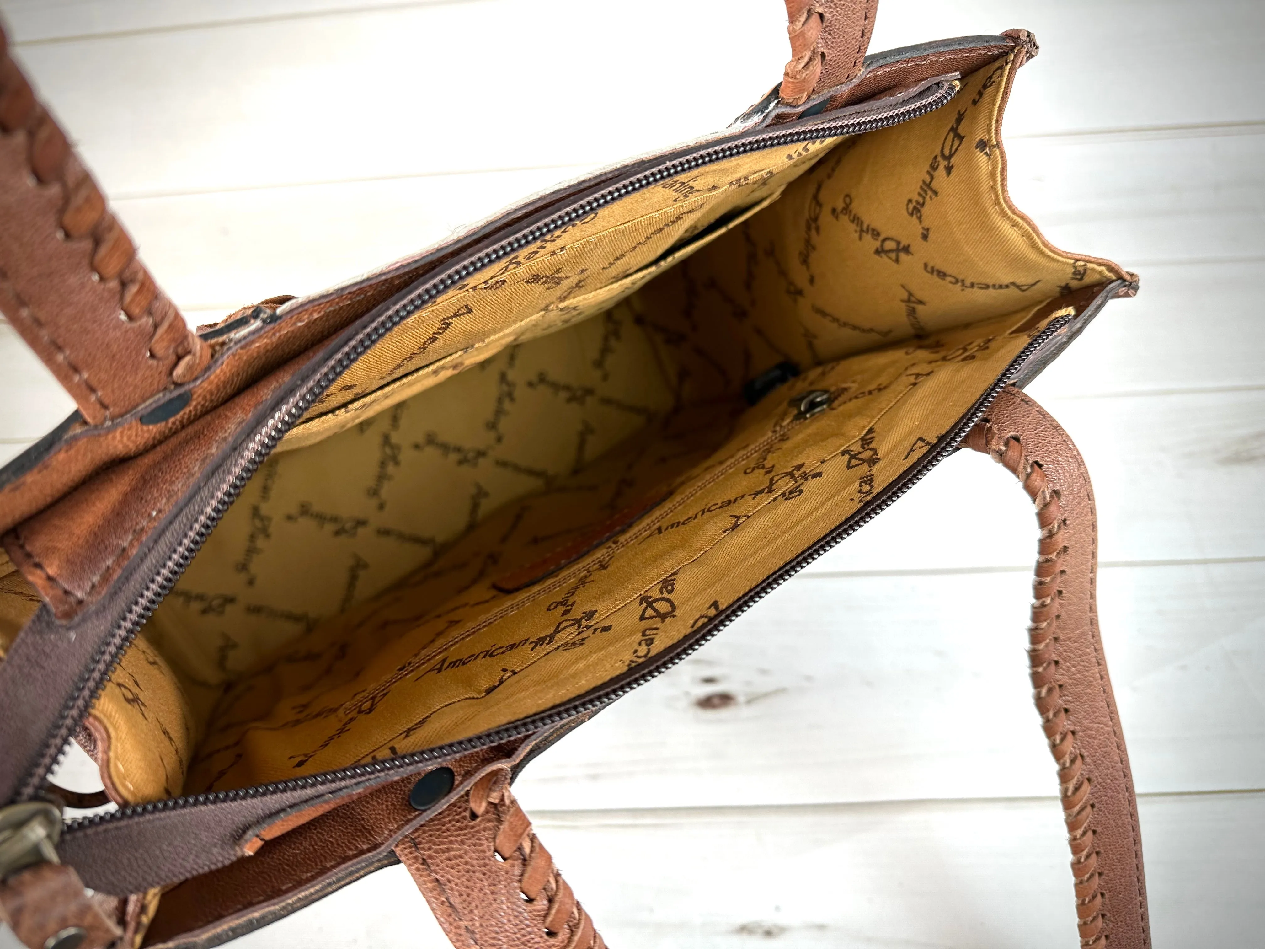 Turquoise Aztec Border Leather Cowhide Fringe Handbag