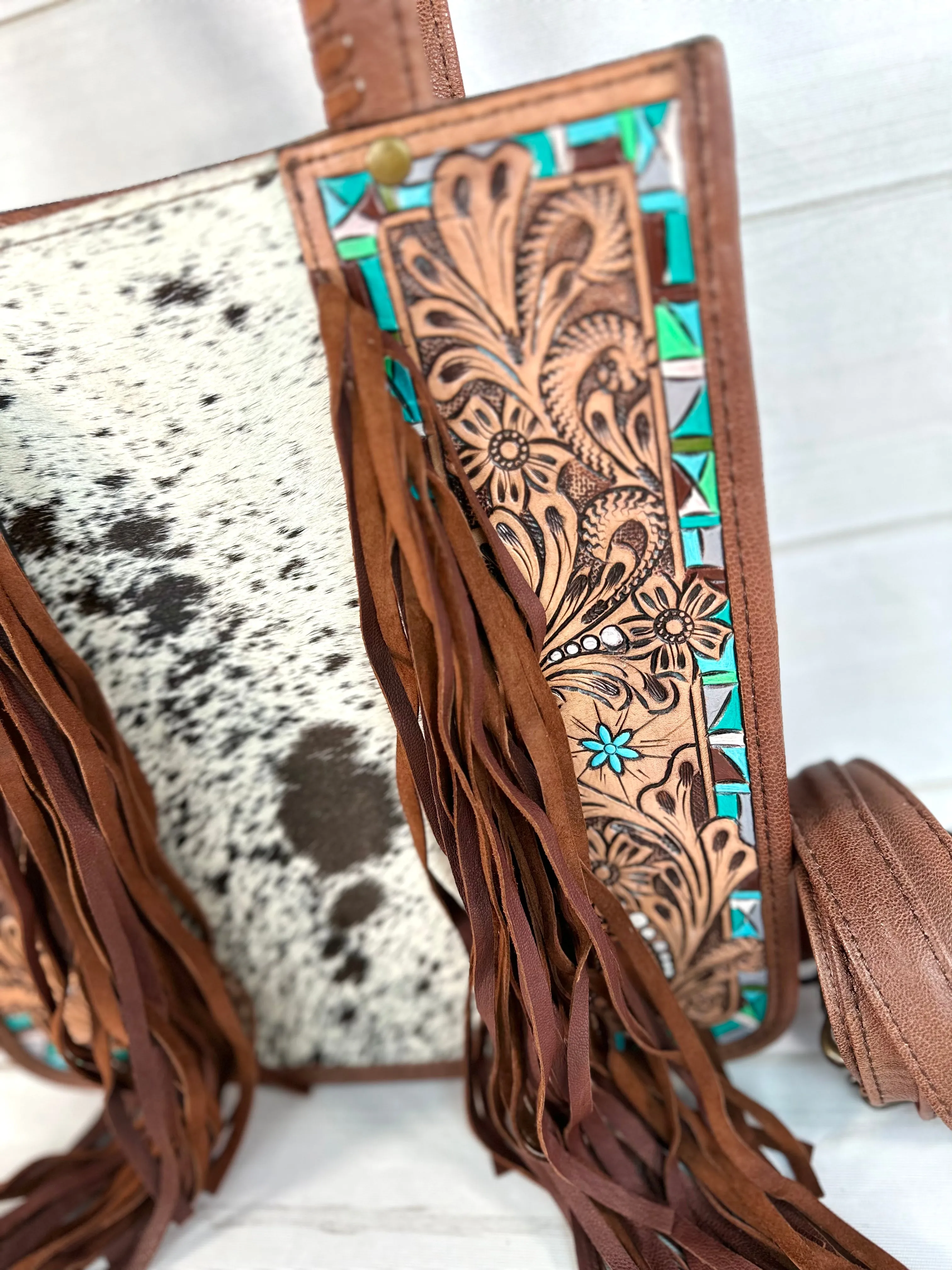 Turquoise Aztec Border Leather Cowhide Fringe Handbag