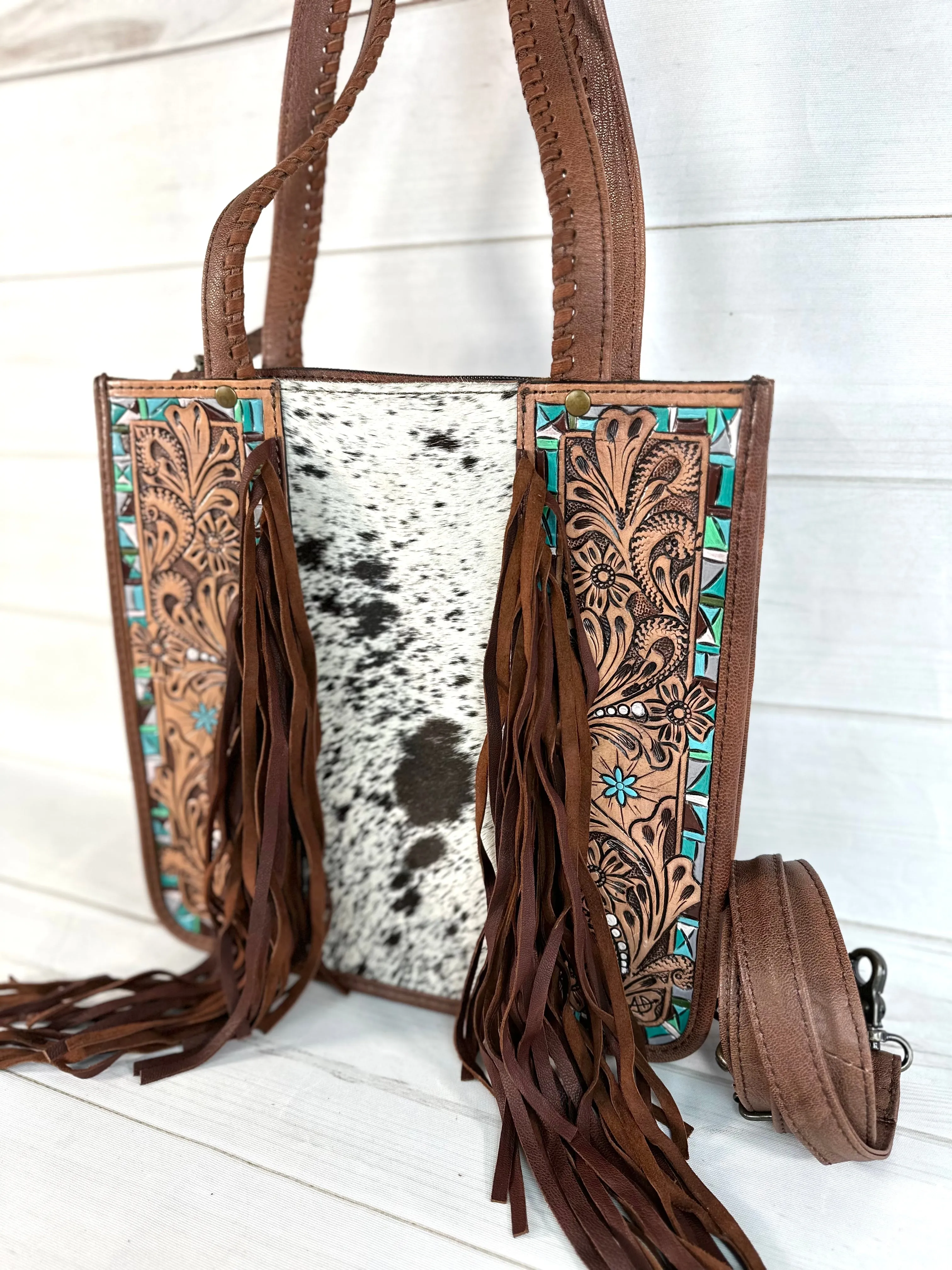 Turquoise Aztec Border Leather Cowhide Fringe Handbag