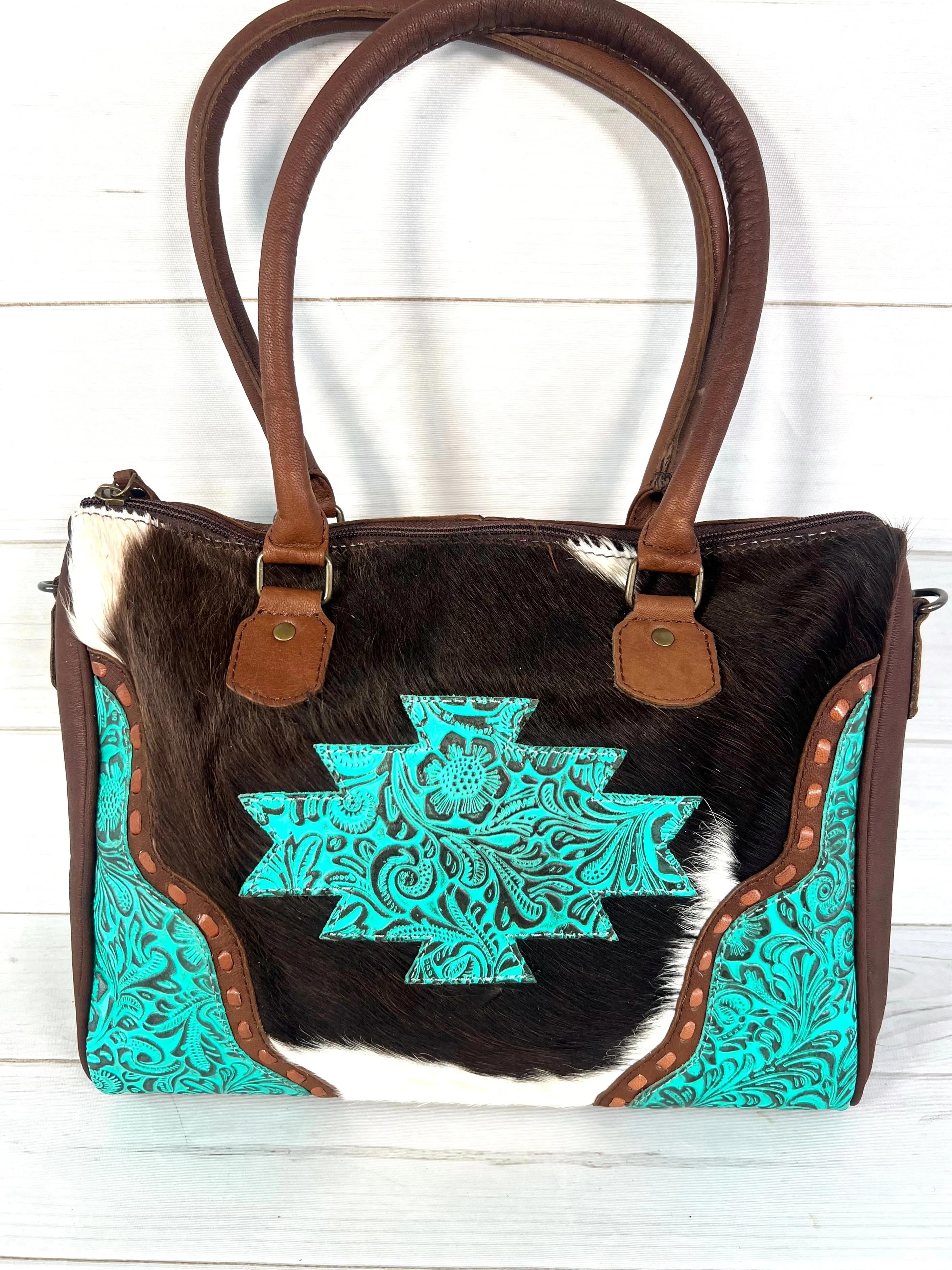 Turquoise Aztec Filigree Cowhide Handle Bag