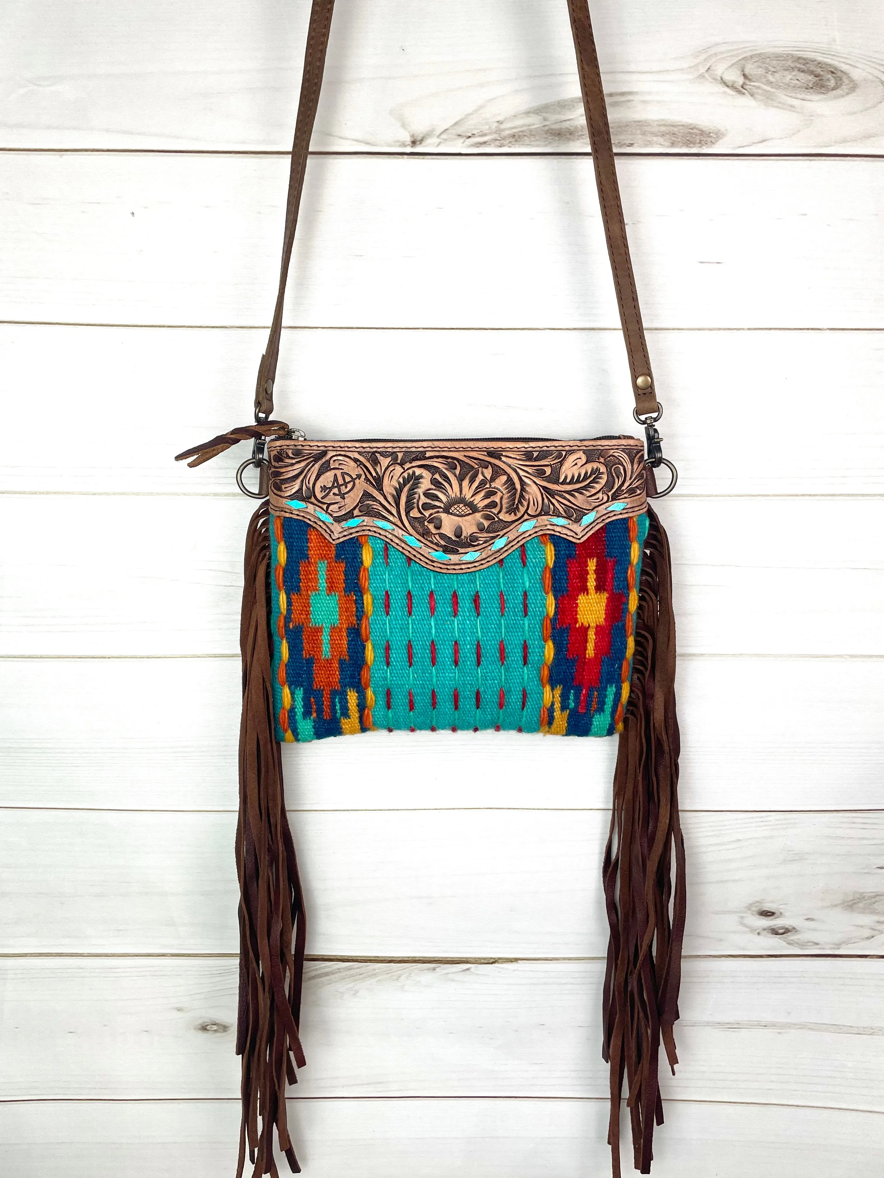Turquoise Buckstitch Cross Pattern Tooled Fringe / Wool Medium Bag