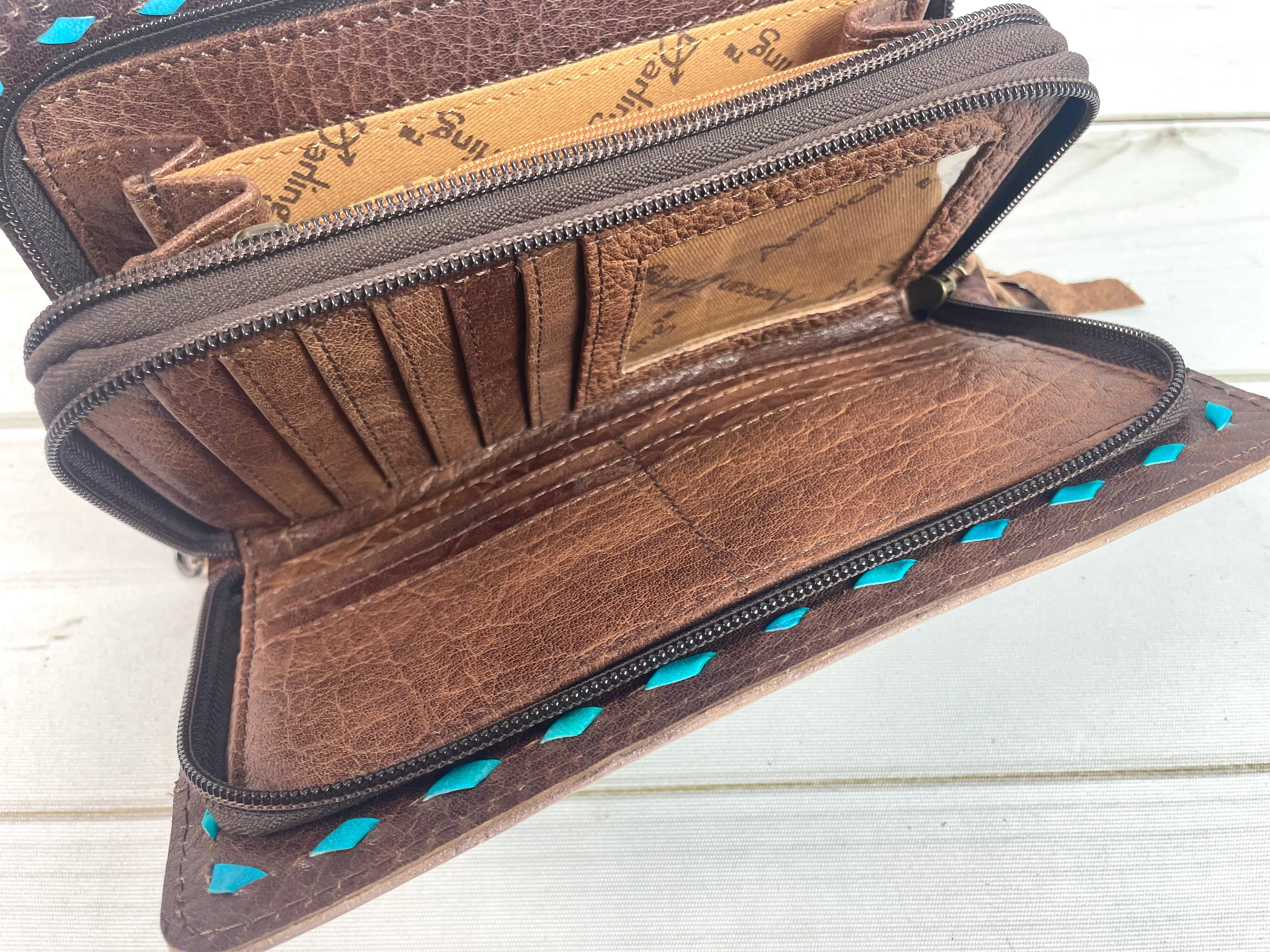 Turquoise Red Diamond Tooled Leather Wool Inset Carryall Wallet