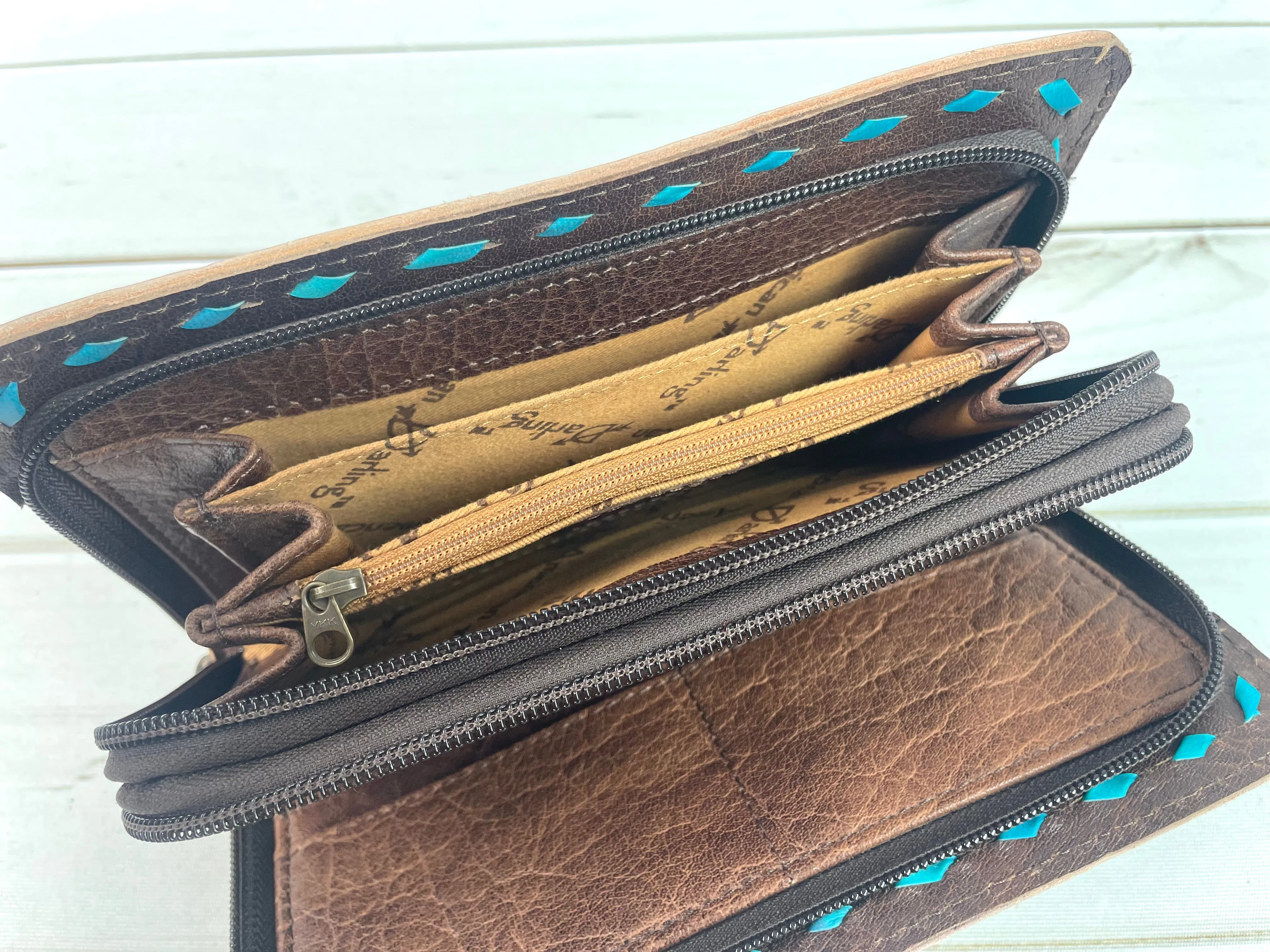 Turquoise Red Diamond Tooled Leather Wool Inset Carryall Wallet