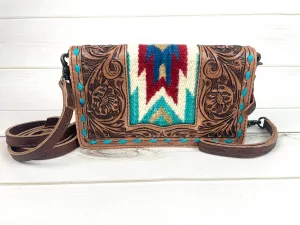 Turquoise Red Diamond Tooled Leather Wool Inset Carryall Wallet