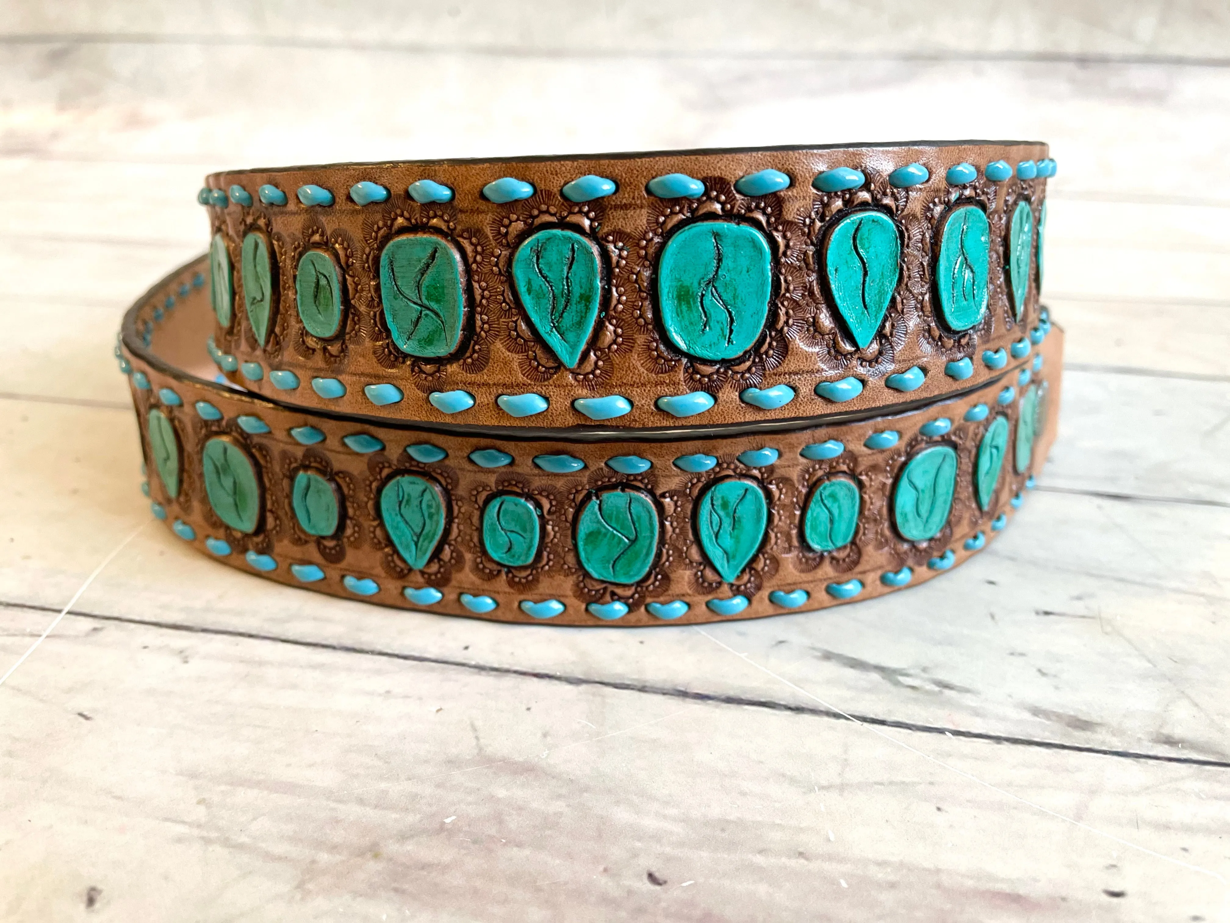 Turquoise Tooled Painted Teal Buckstitch Leather Handbag Strap