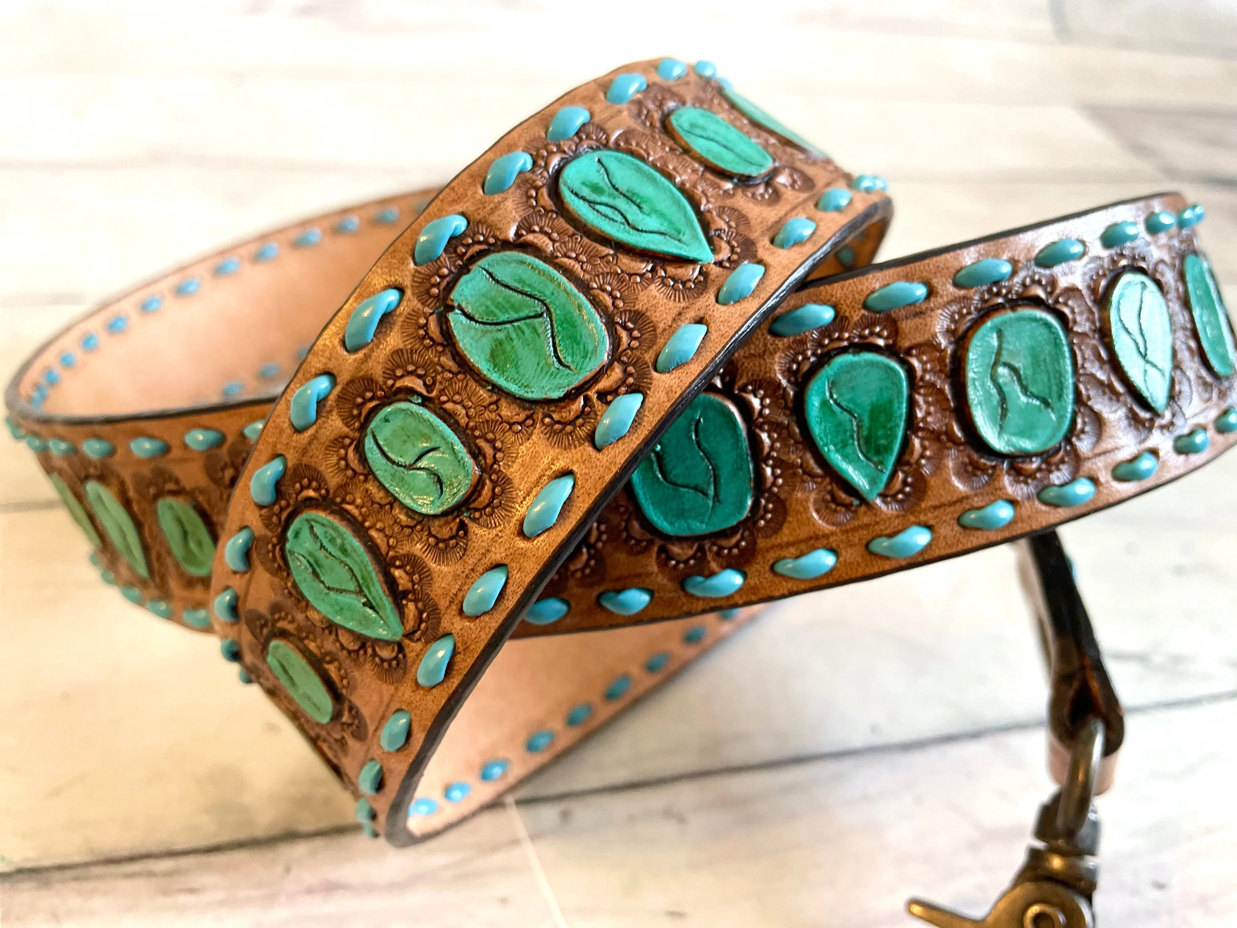 Turquoise Tooled Painted Teal Buckstitch Leather Handbag Strap