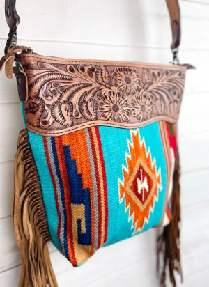 Turquoise& Bold Earth Colored Vera Diamond Pattern Wool Leather Tooled Fringe Handbag