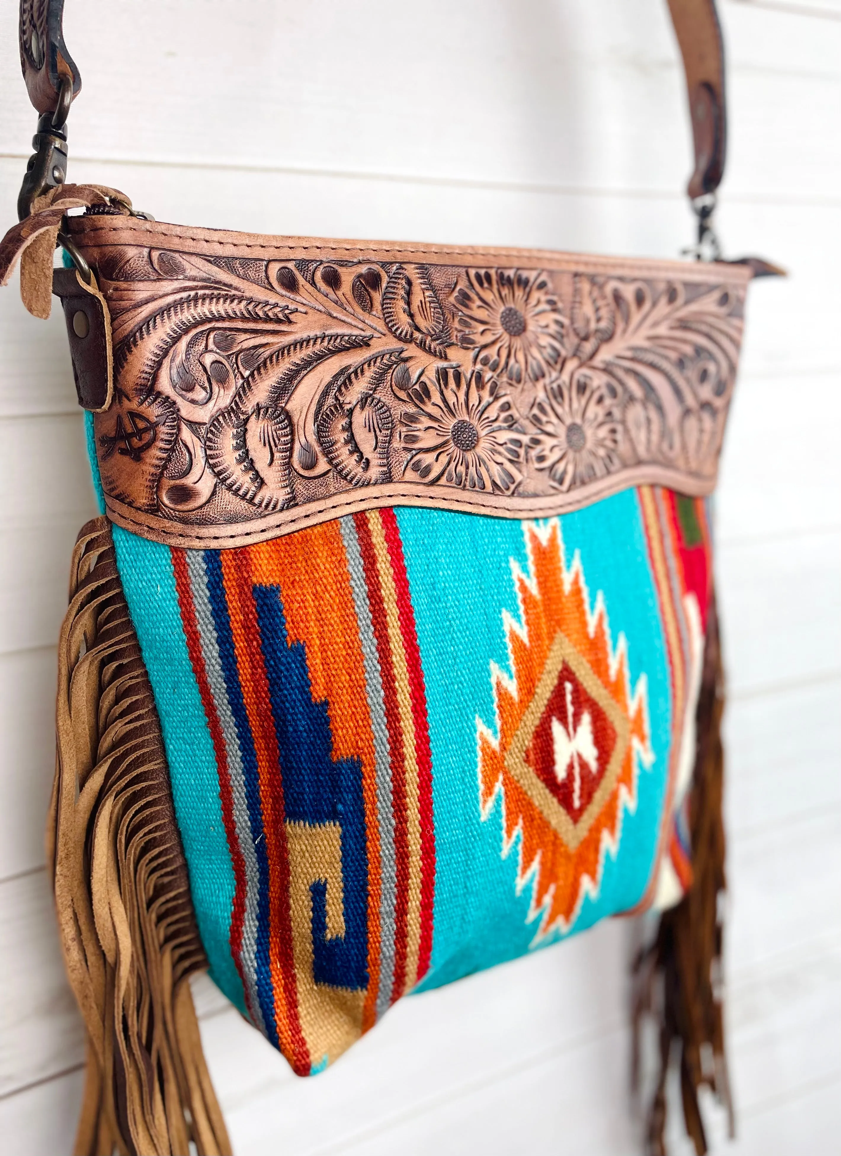 Turquoise& Bold Earth Colored Vera Diamond Pattern Wool Leather Tooled Fringe Handbag