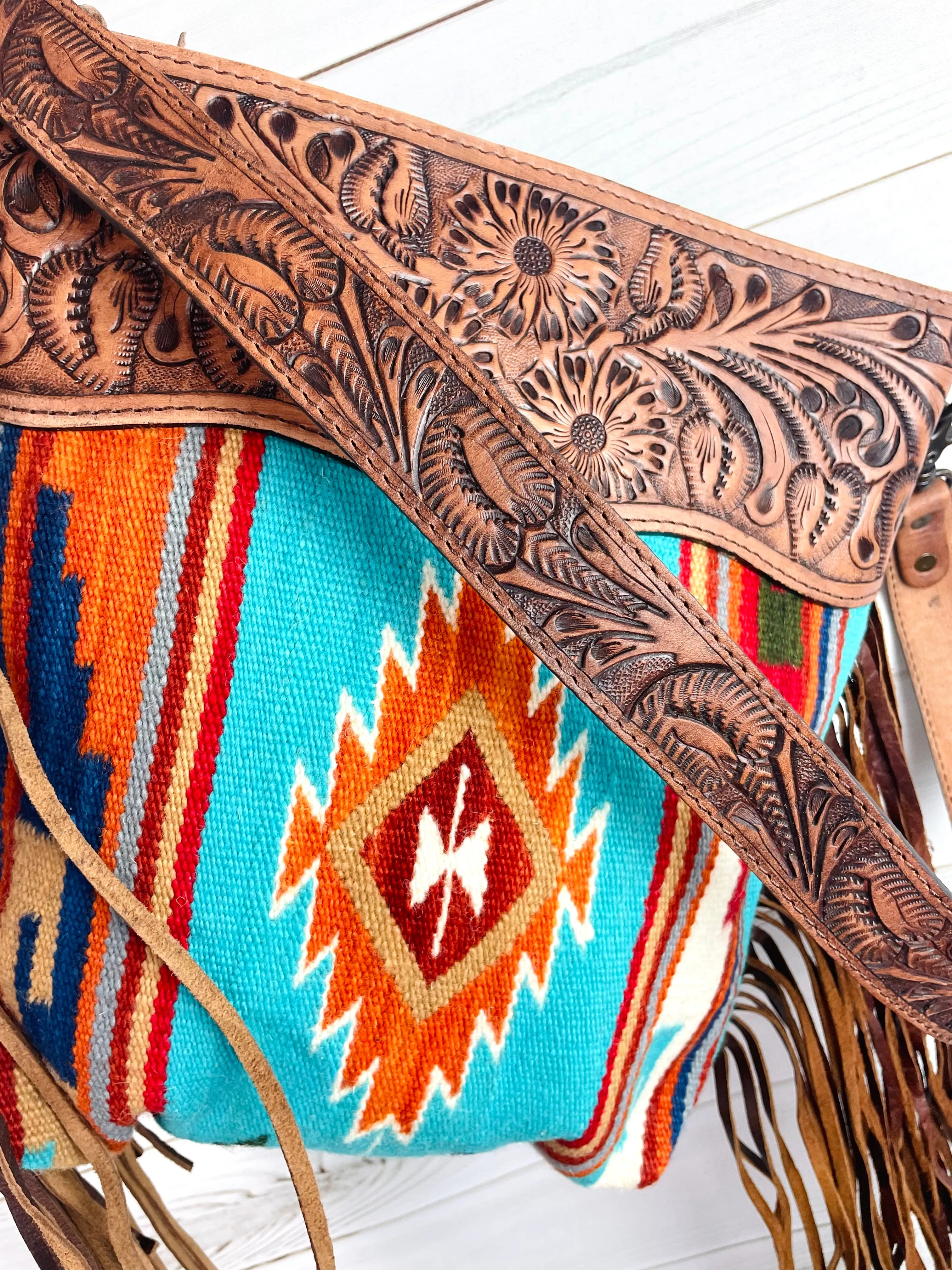 Turquoise& Bold Earth Colored Vera Diamond Pattern Wool Leather Tooled Fringe Handbag