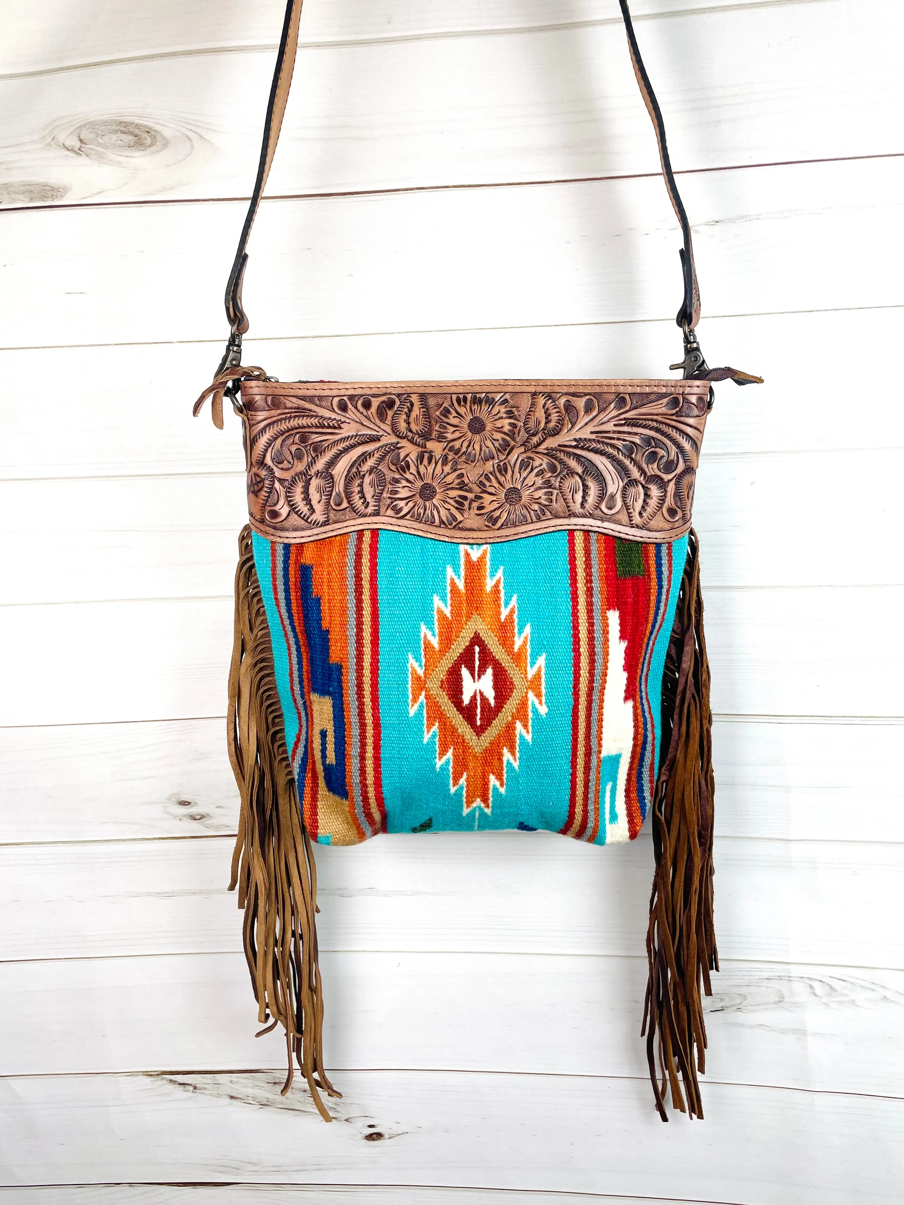 Turquoise& Bold Earth Colored Vera Diamond Pattern Wool Leather Tooled Fringe Handbag