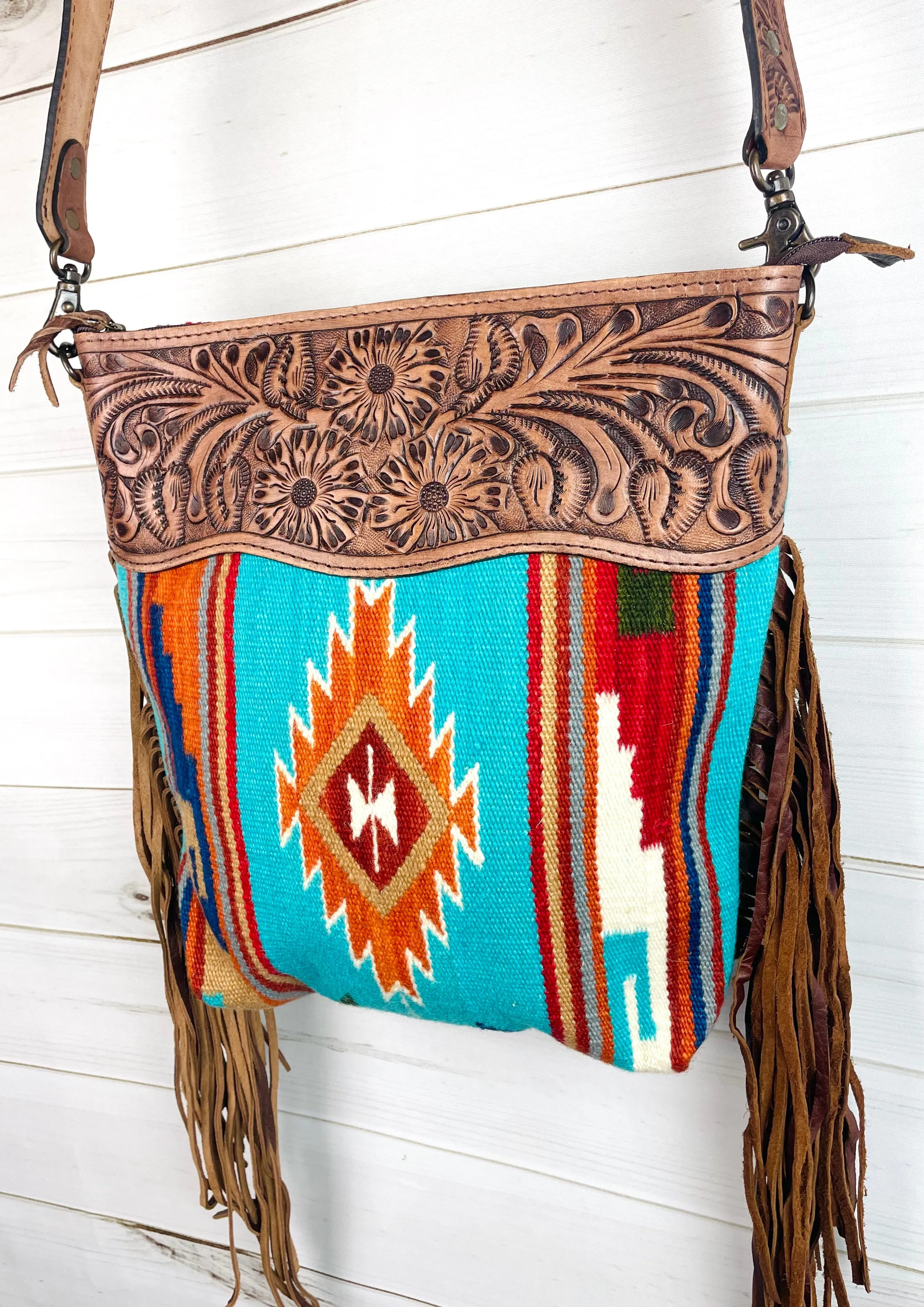 Turquoise& Bold Earth Colored Vera Diamond Pattern Wool Leather Tooled Fringe Handbag