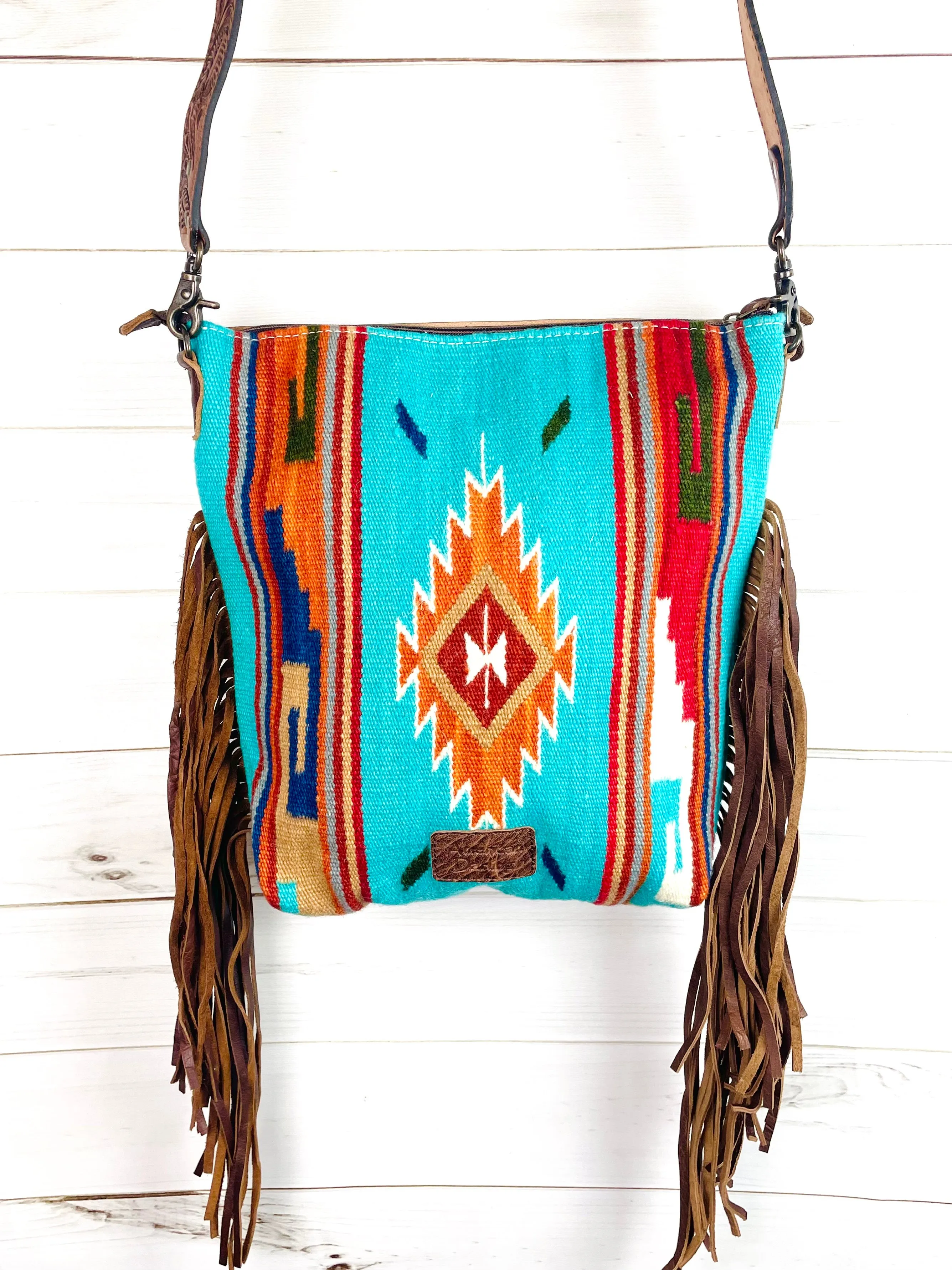 Turquoise& Bold Earth Colored Vera Diamond Pattern Wool Leather Tooled Fringe Handbag