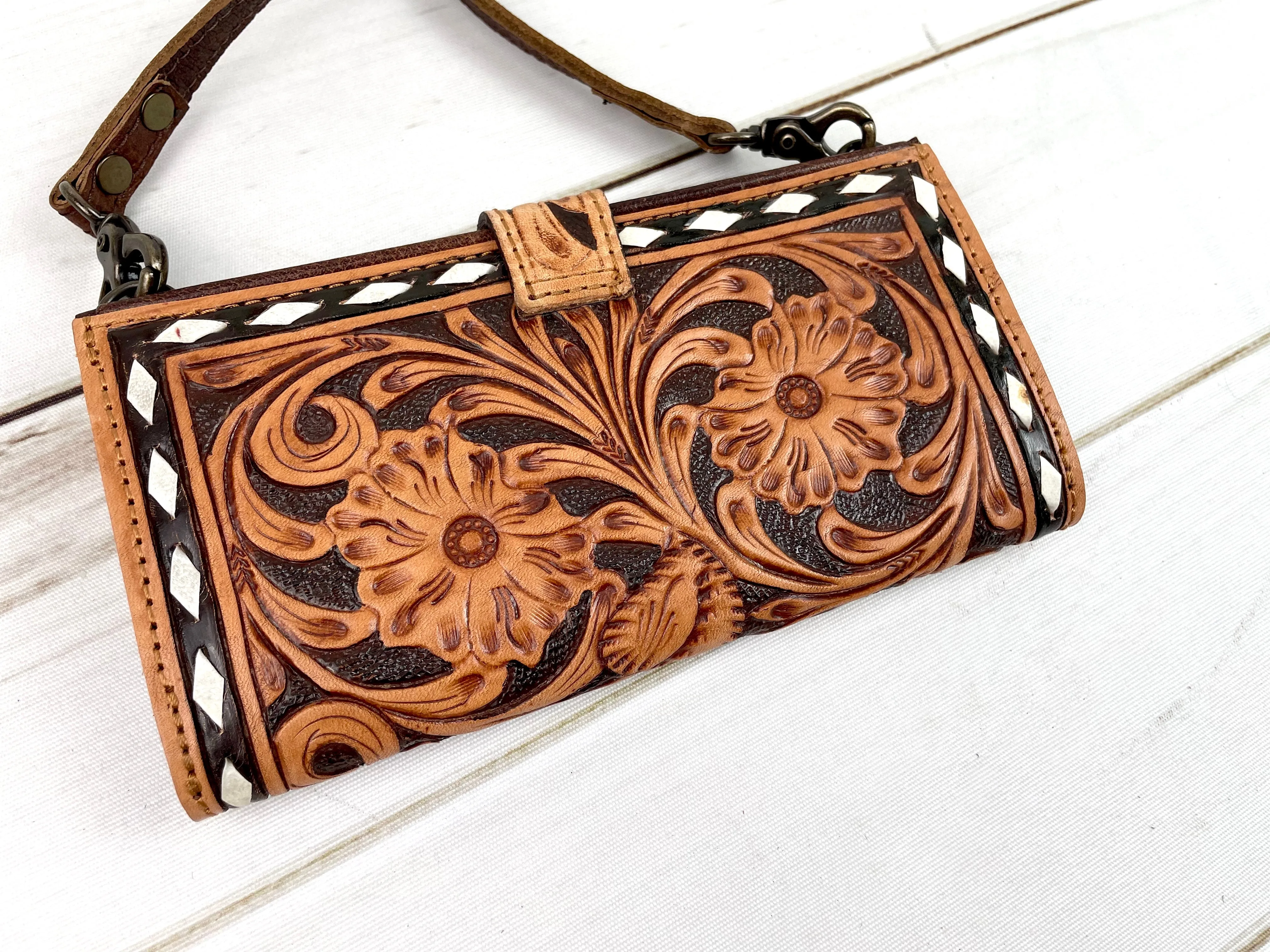 Two Tone Leather Tooled Buckstitch Flap Wallet