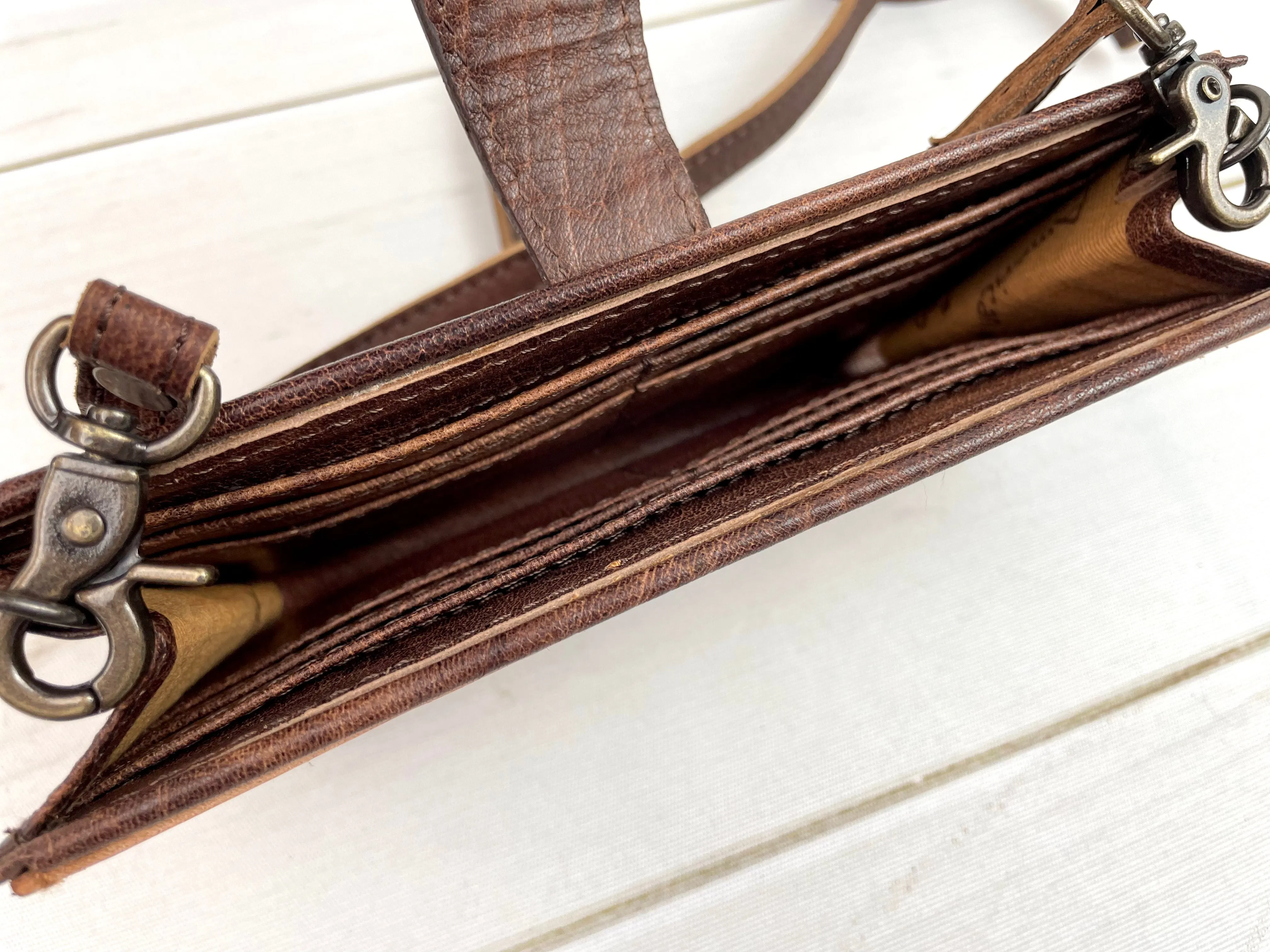 Two Tone Leather Tooled Buckstitch Flap Wallet