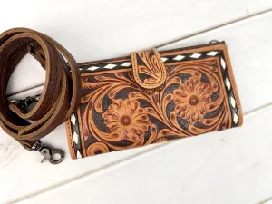 Two Tone Leather Tooled Buckstitch Flap Wallet