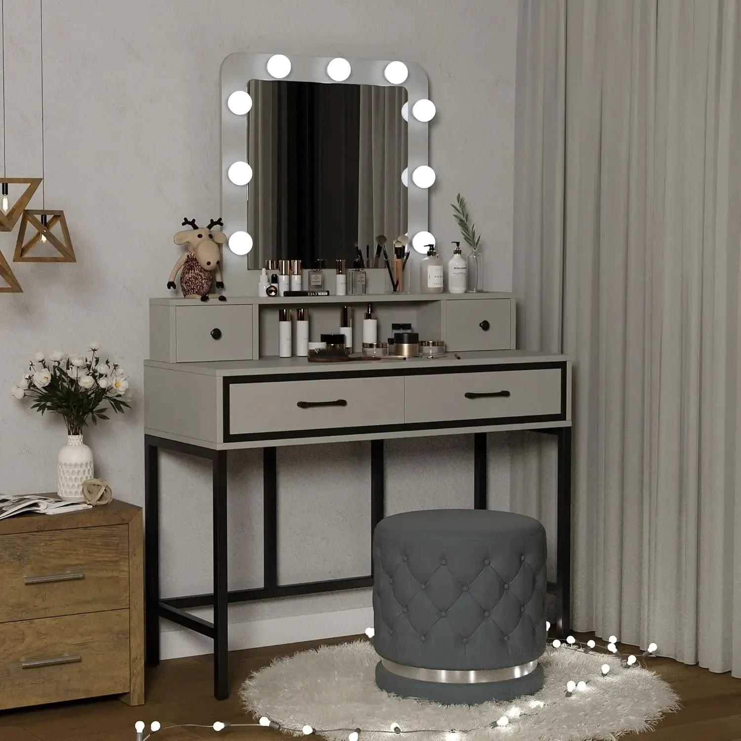 Vanity Desk with Hollywood Mirror, 4 Drawers, and Adjustable LED Lighting