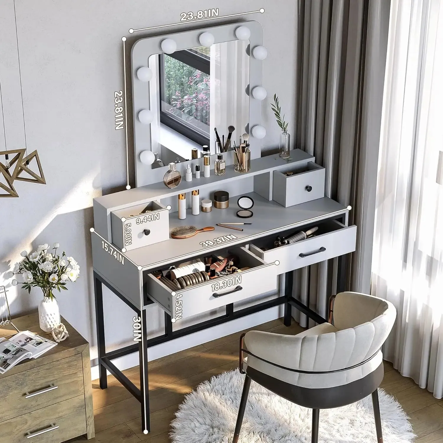 Vanity Desk with Hollywood Mirror, 4 Drawers, and Adjustable LED Lighting