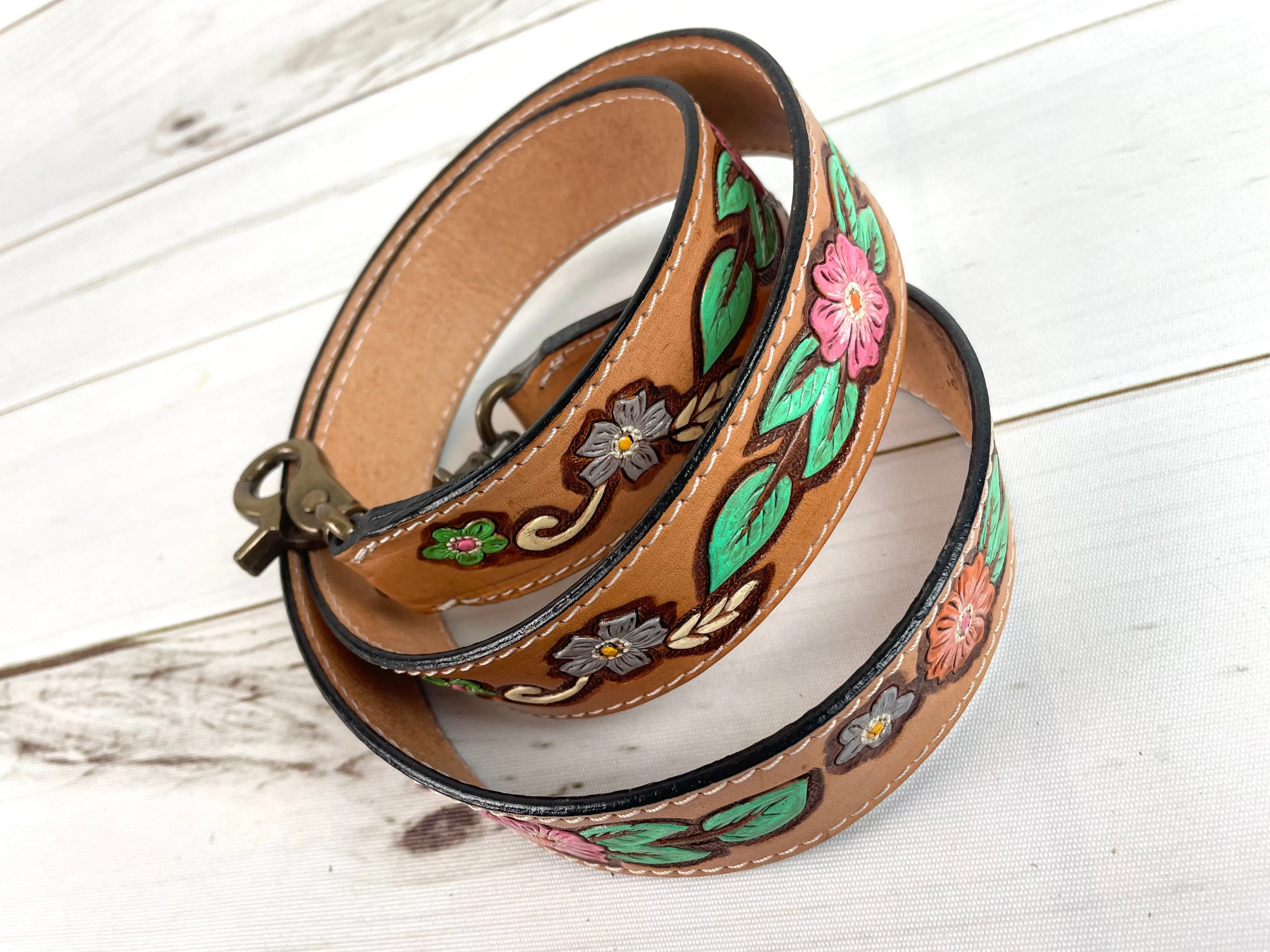 Vintage Flower Leather Handbag Strap