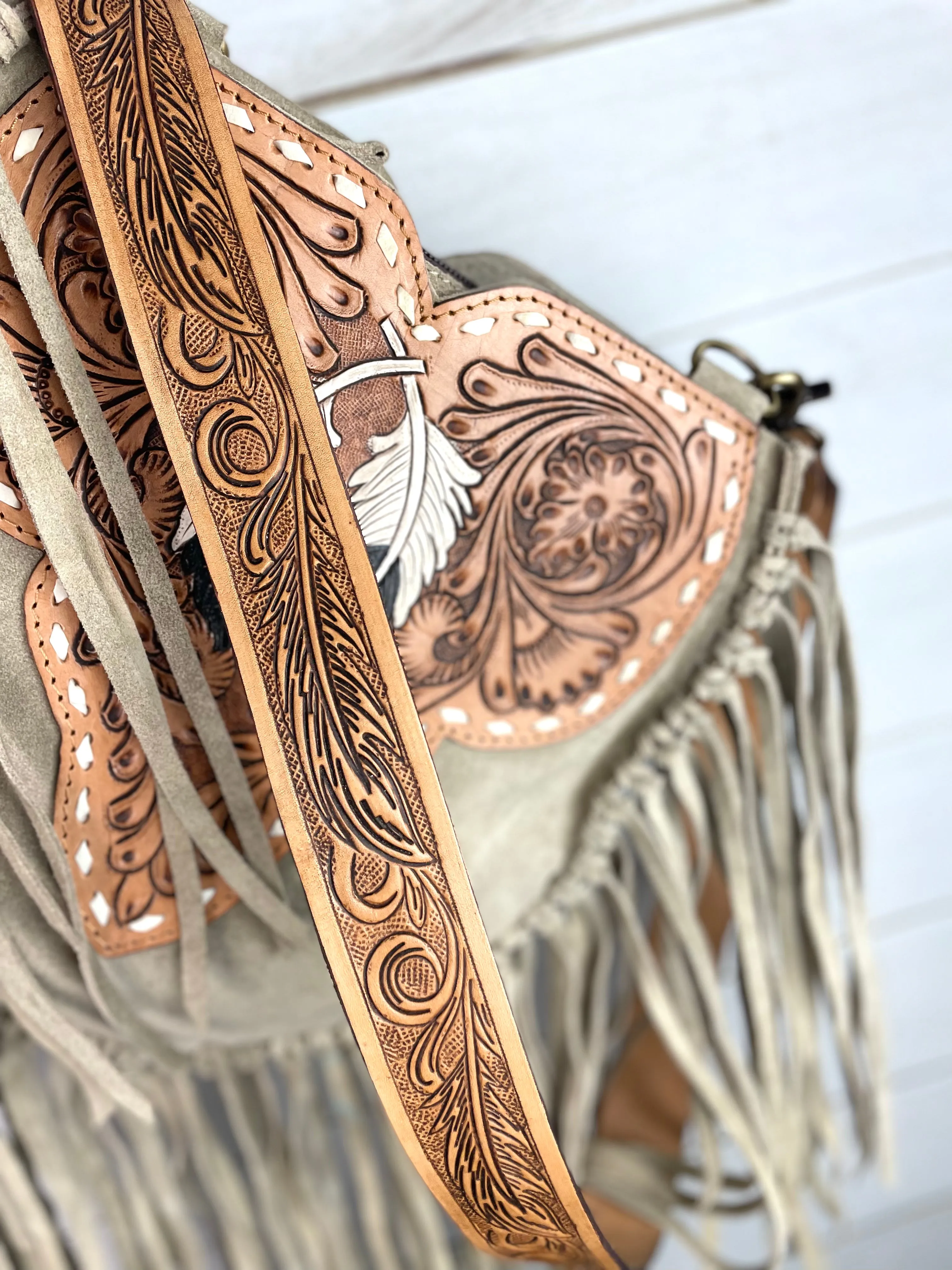 Vintage Grey Suede Tooled Leather Feather Handbag