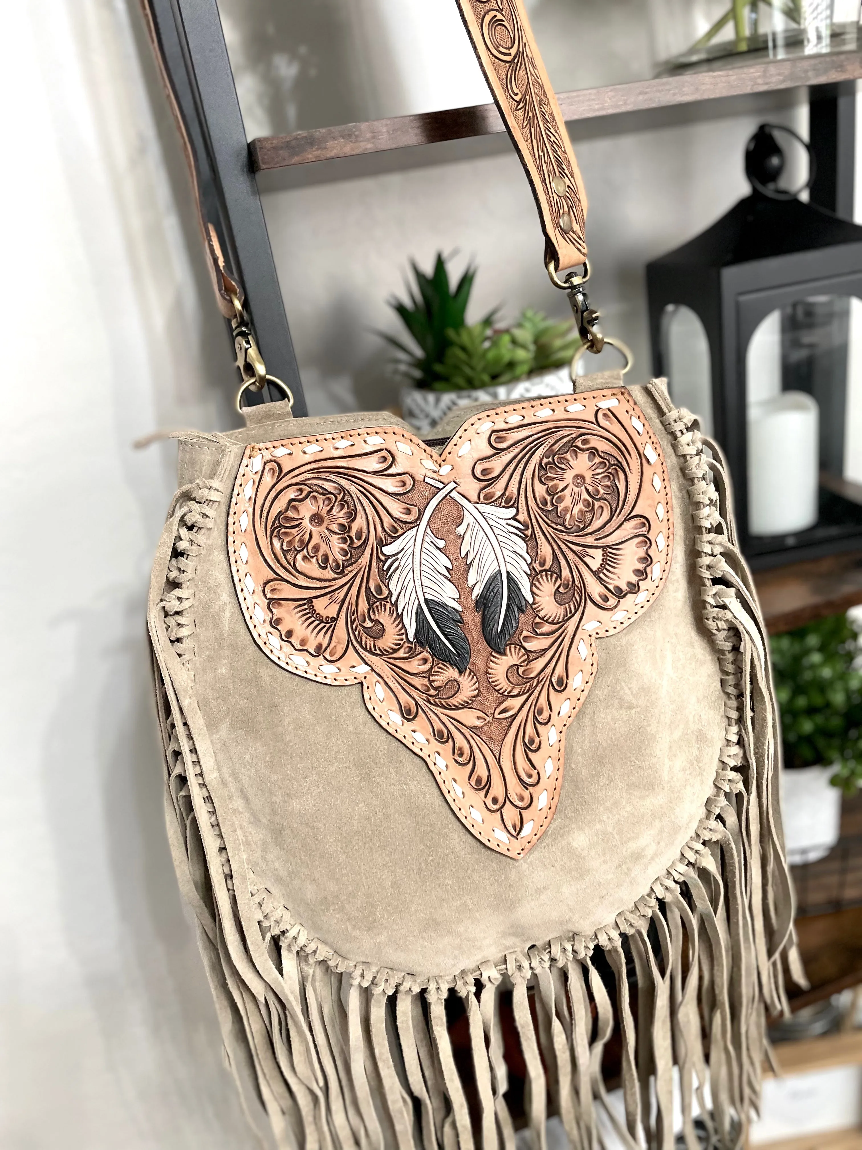 Vintage Grey Suede Tooled Leather Feather Handbag