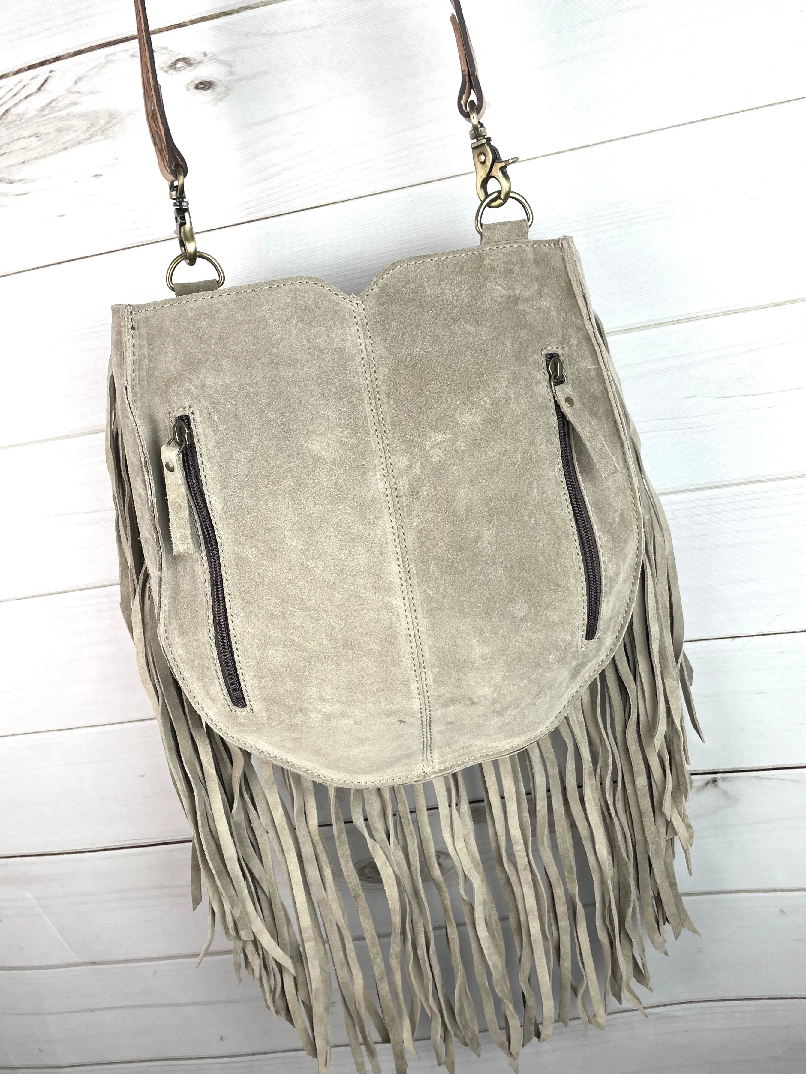 Vintage Grey Suede Tooled Leather Feather Handbag