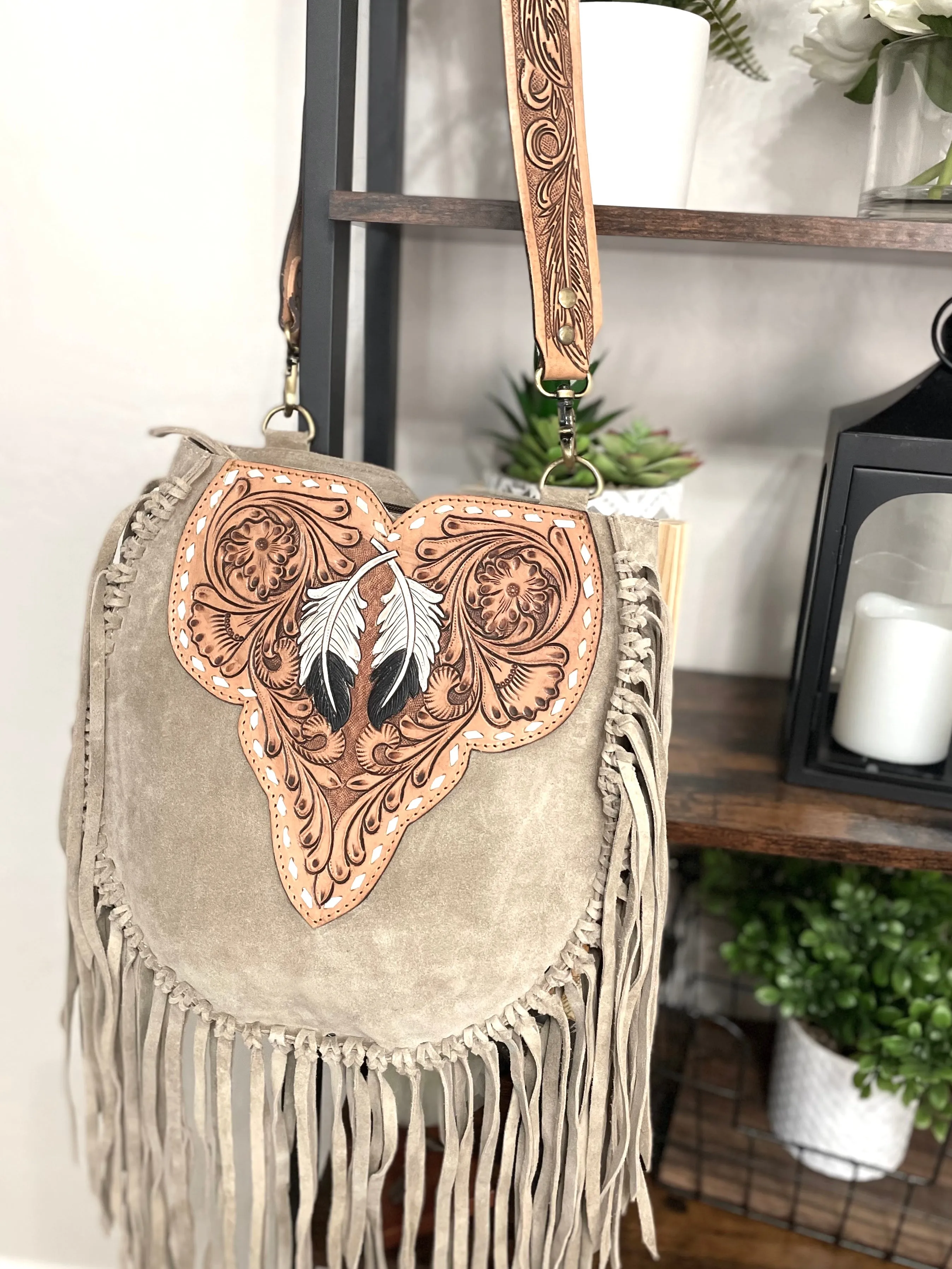 Vintage Grey Suede Tooled Leather Feather Handbag
