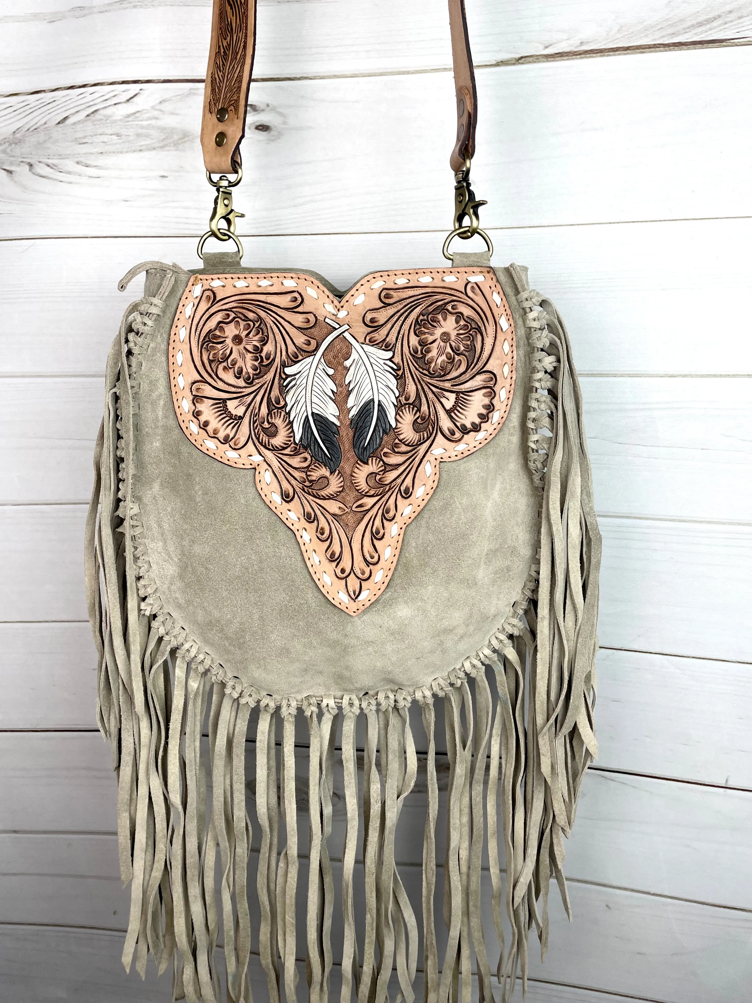Vintage Grey Suede Tooled Leather Feather Handbag