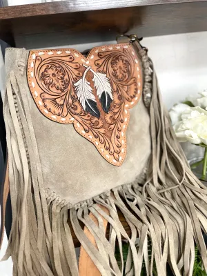 Vintage Grey Suede Tooled Leather Feather Handbag