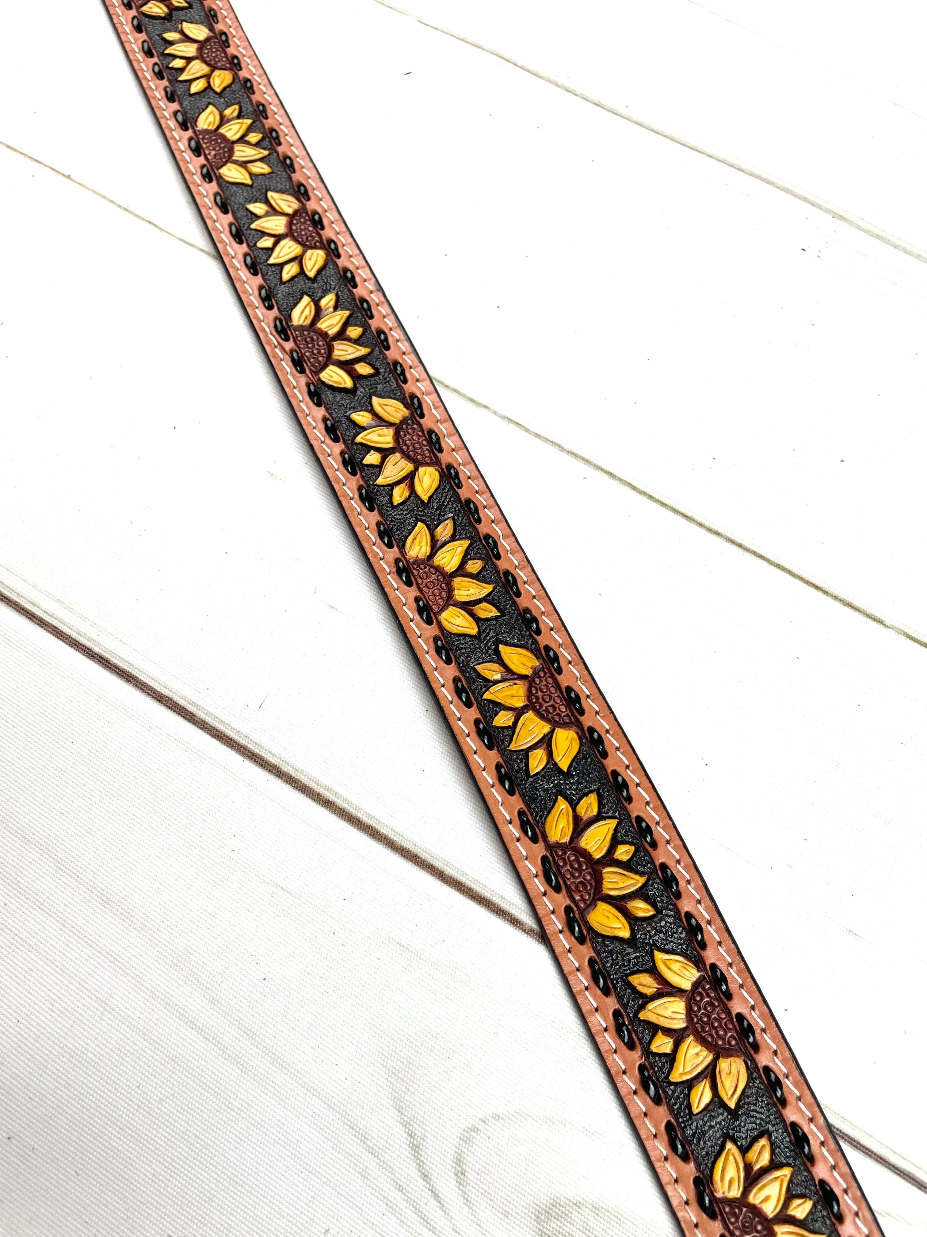 Yellow Sunflower Tooled Black Buckstitch Handbag Strap