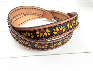 Yellow Sunflower Tooled Black Buckstitch Handbag Strap