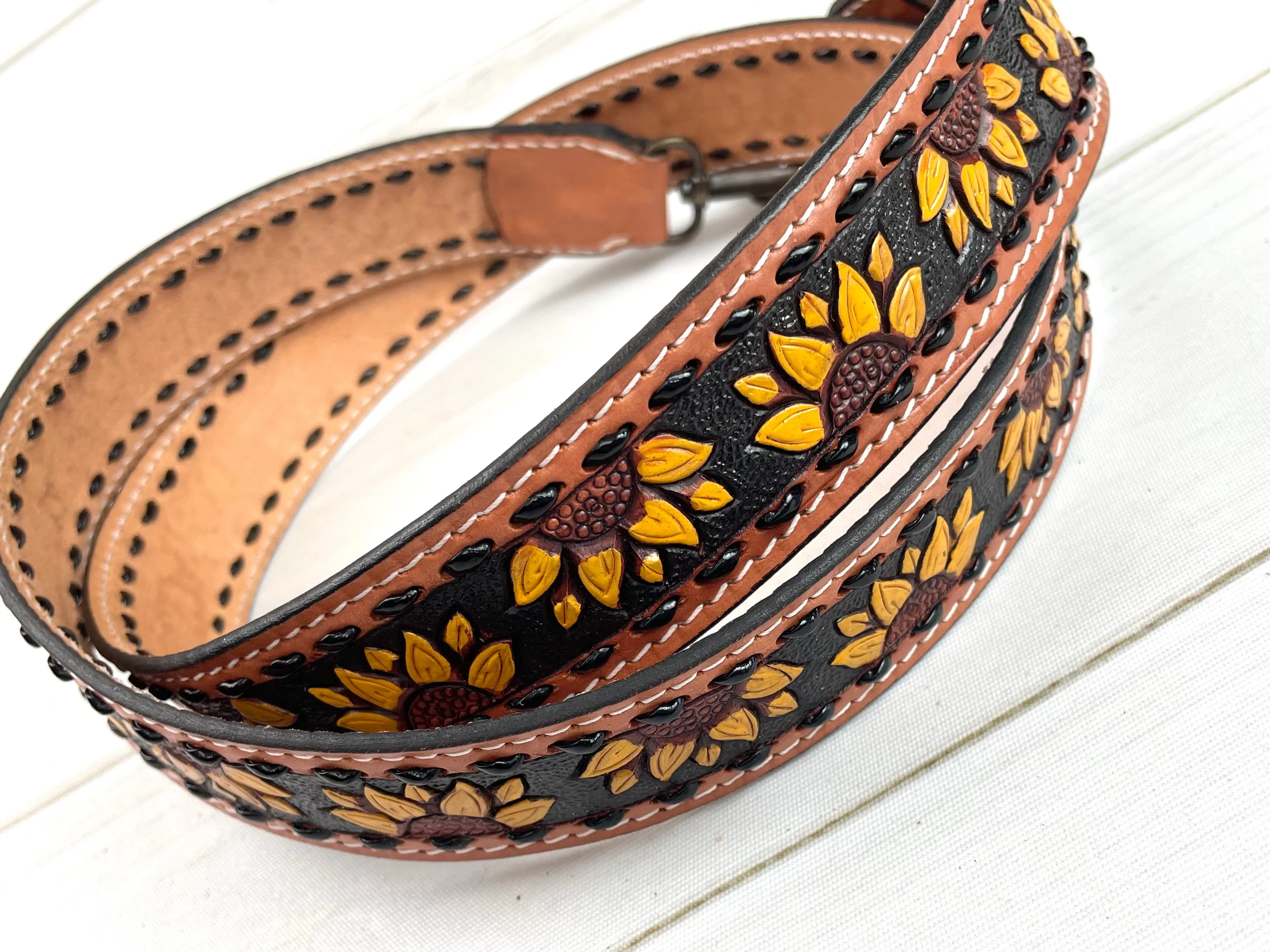 Yellow Sunflower Tooled Black Buckstitch Handbag Strap